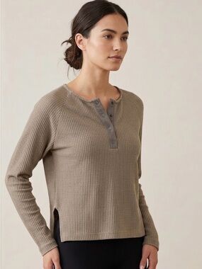 Paper Crane Waffle Knit Henley Top Olive Green